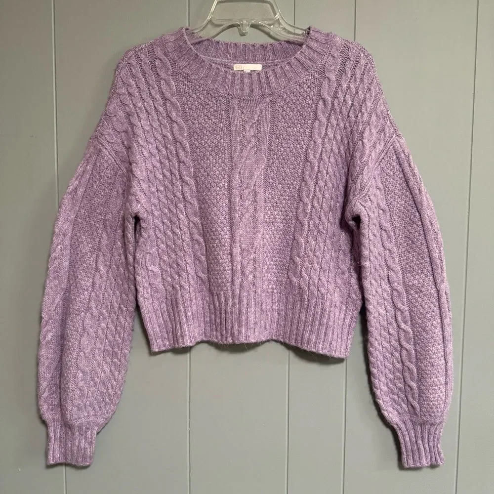 GB Cable Knit Long Sleeve Cropped Sweater Lavender Light Violet Purple Sz L Jrs